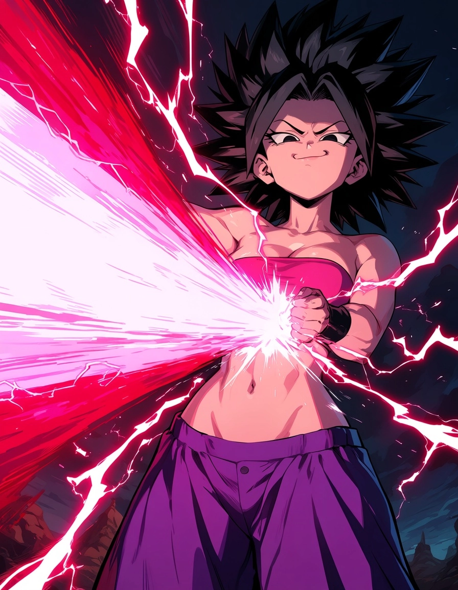 Caulifla from Dragon Ball Super, fierce and smug expression, black hair, wearing a pink tube top, low-rise baggy purple 