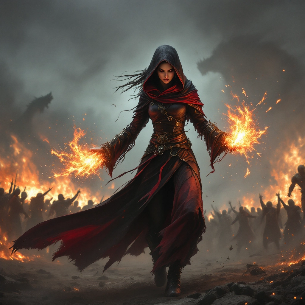 woman, skinny, tall,
mage robes, black and red robes, hooded robes,
flaming hands, fireball, fighting stance,
on a battl