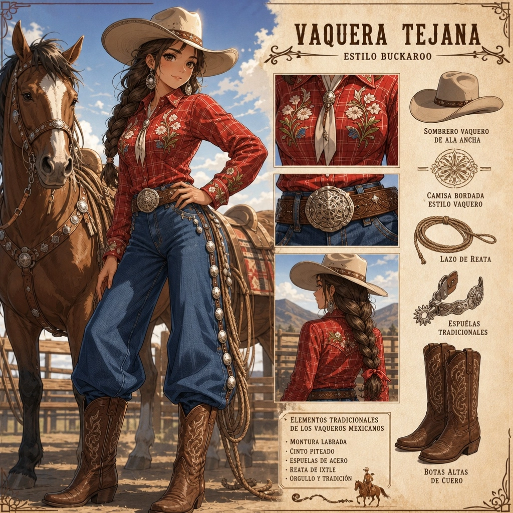 Una vaquera tejana con estilo clásico de buckaroo, vestida con una camisa roja de cuadros bordados, pantalones anchos de