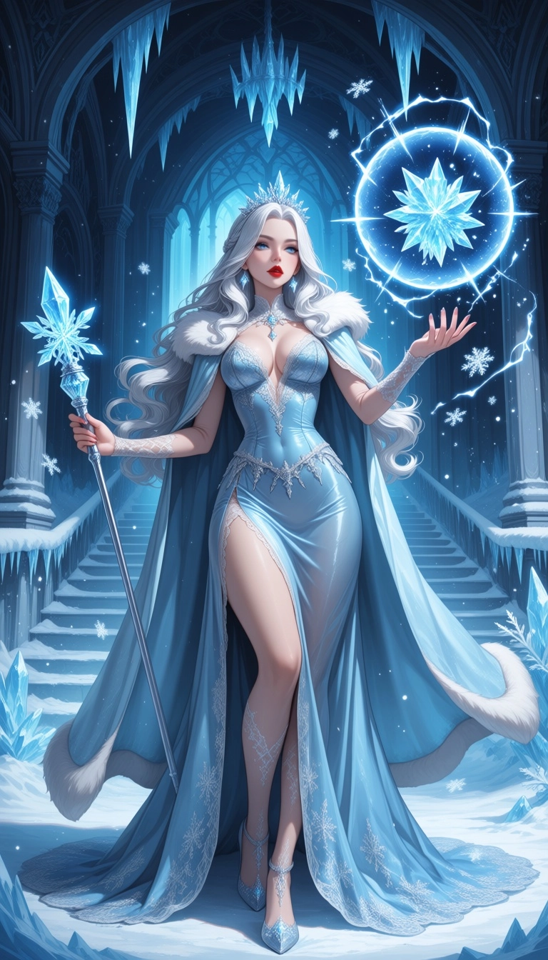 Realistic fantasy digital illustration of a beautiful and majestic ice sorceress in a frozen hall. She has long, wavy si