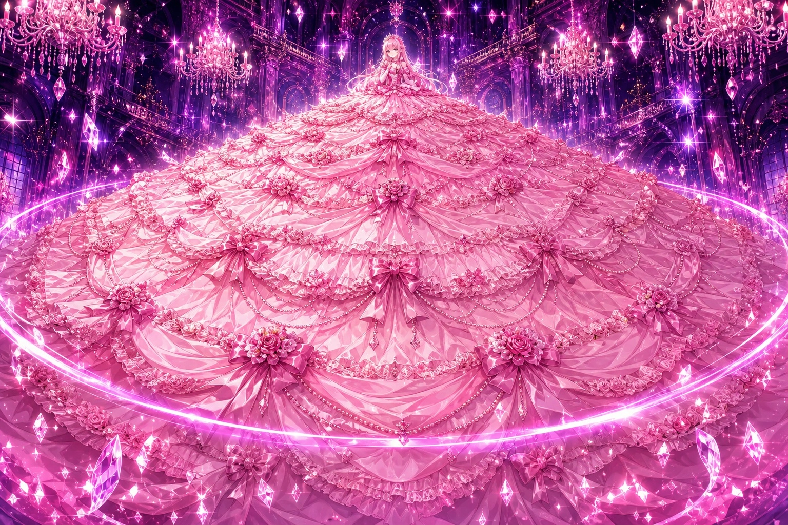 An anime-style character is centered at the top of an extraordinarily massive, room-filling pink ballgown that sweeps ou