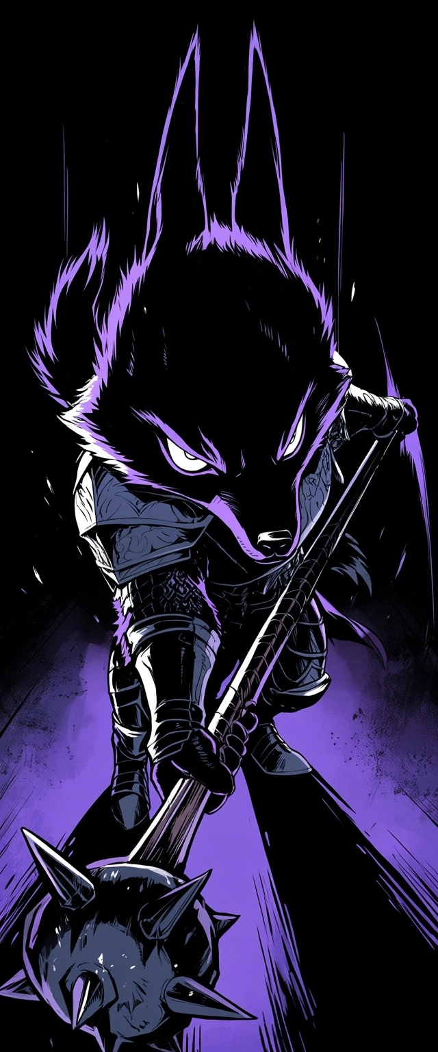 male, wolf, anthro, chibi, black  fur  with purple highlights, dark  shadow plate armour,  brutal two handed spiked mace