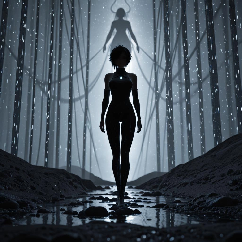 A solitary woman, her silhouette defined by sharp, geometric lines, stands on a precipice overlooking a vast, abstract l