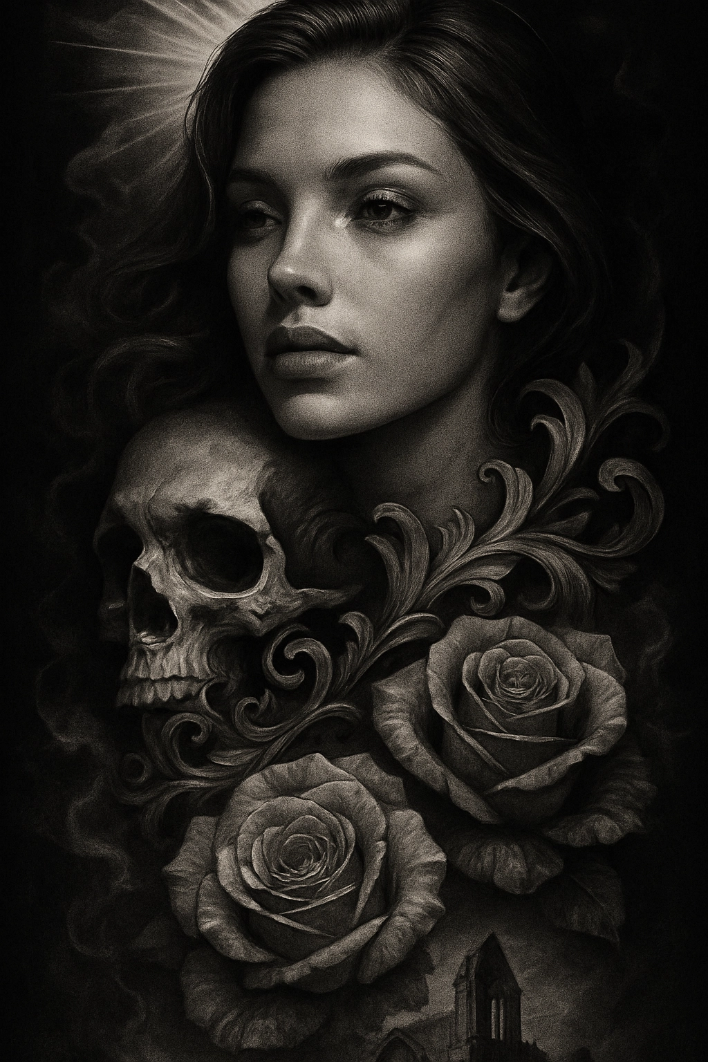 Professional black-and-grey tattoo composition. Central main figure: close-up portrait of a woman. Secondary figure: sku