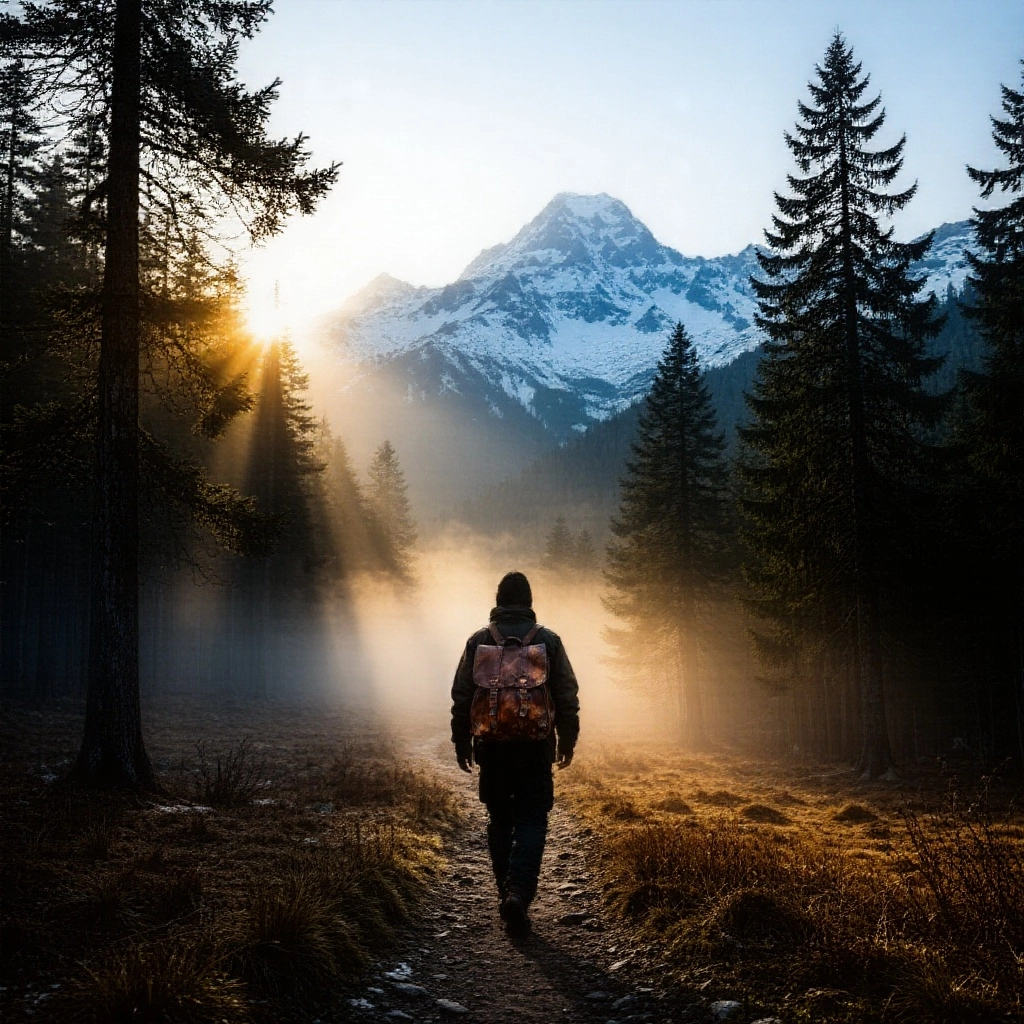 A lone traveler with a worn leather satchel walks through a misty mountain pass at dawn, the sun casting long golden ray