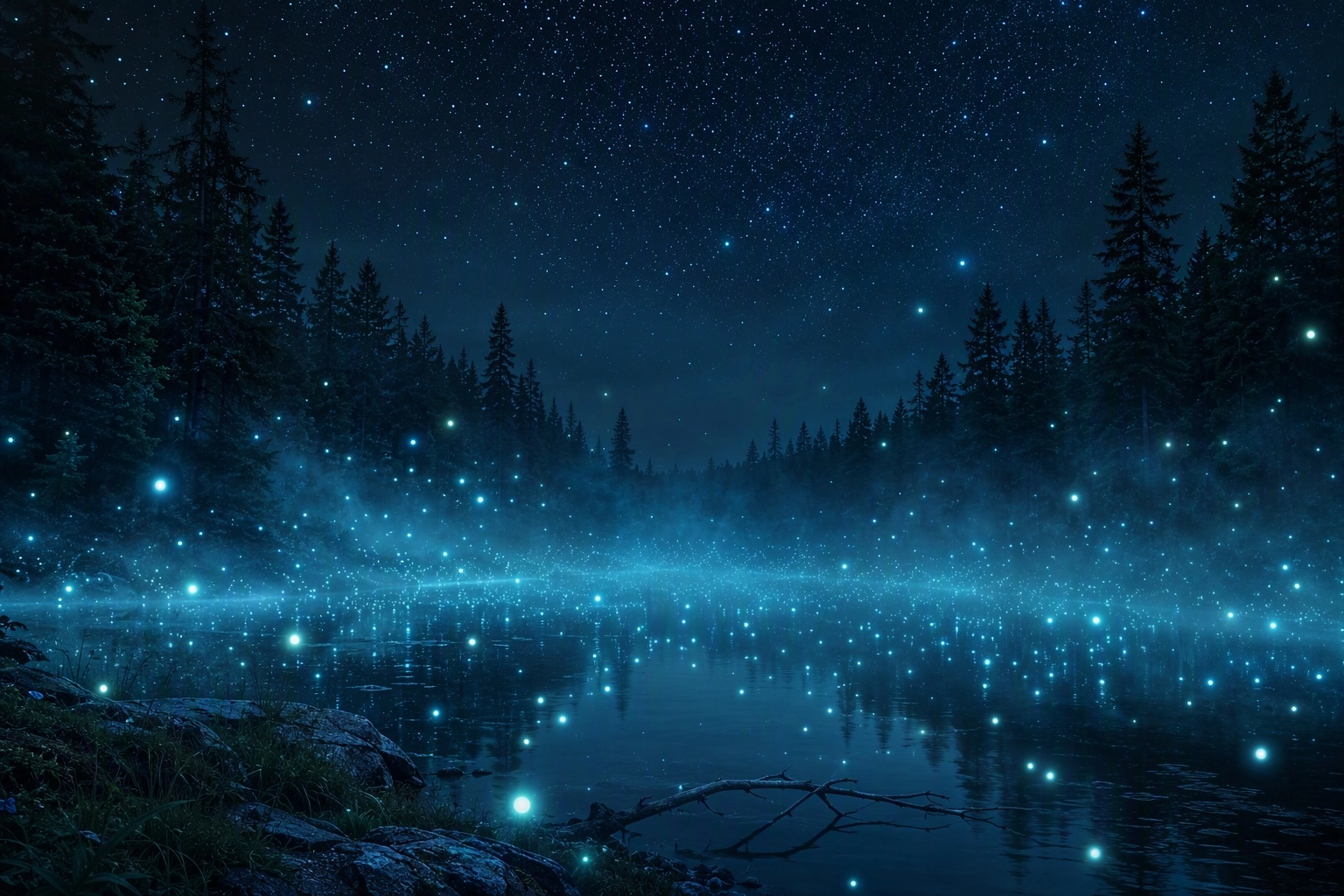a large lake in the middle of a forest. thick, heavy ground mist, thousands of tiny floating bioluminescent mystical orb