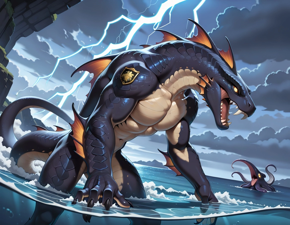 fantasy, kraken, tempest, ocean, fangs, emerging from the ocean during a storm, lightning, scales, crest along the back,