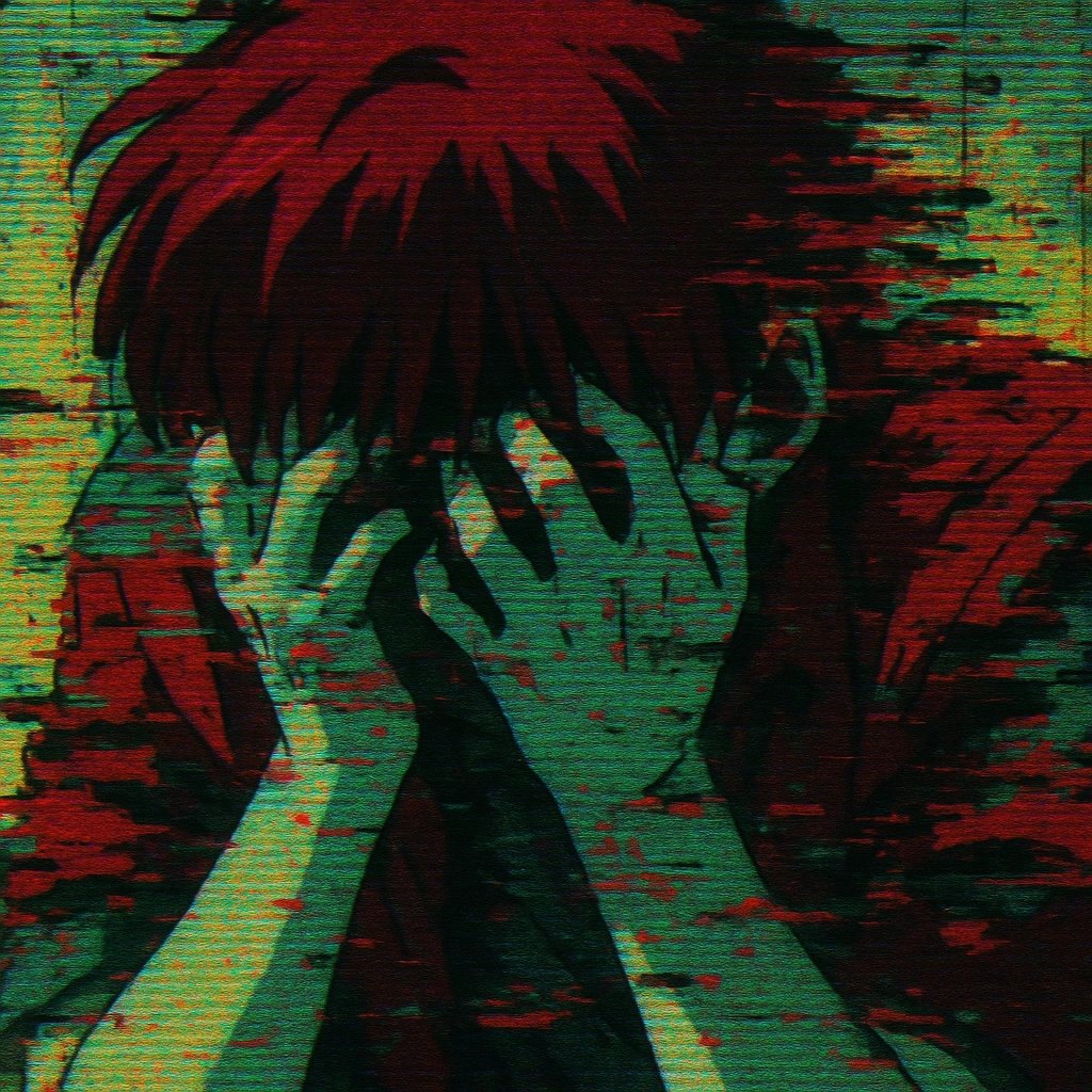 A photorealistic render of a corrupted digital image in the style of a 90s anime OVA. The scene is a tight shot of a cha