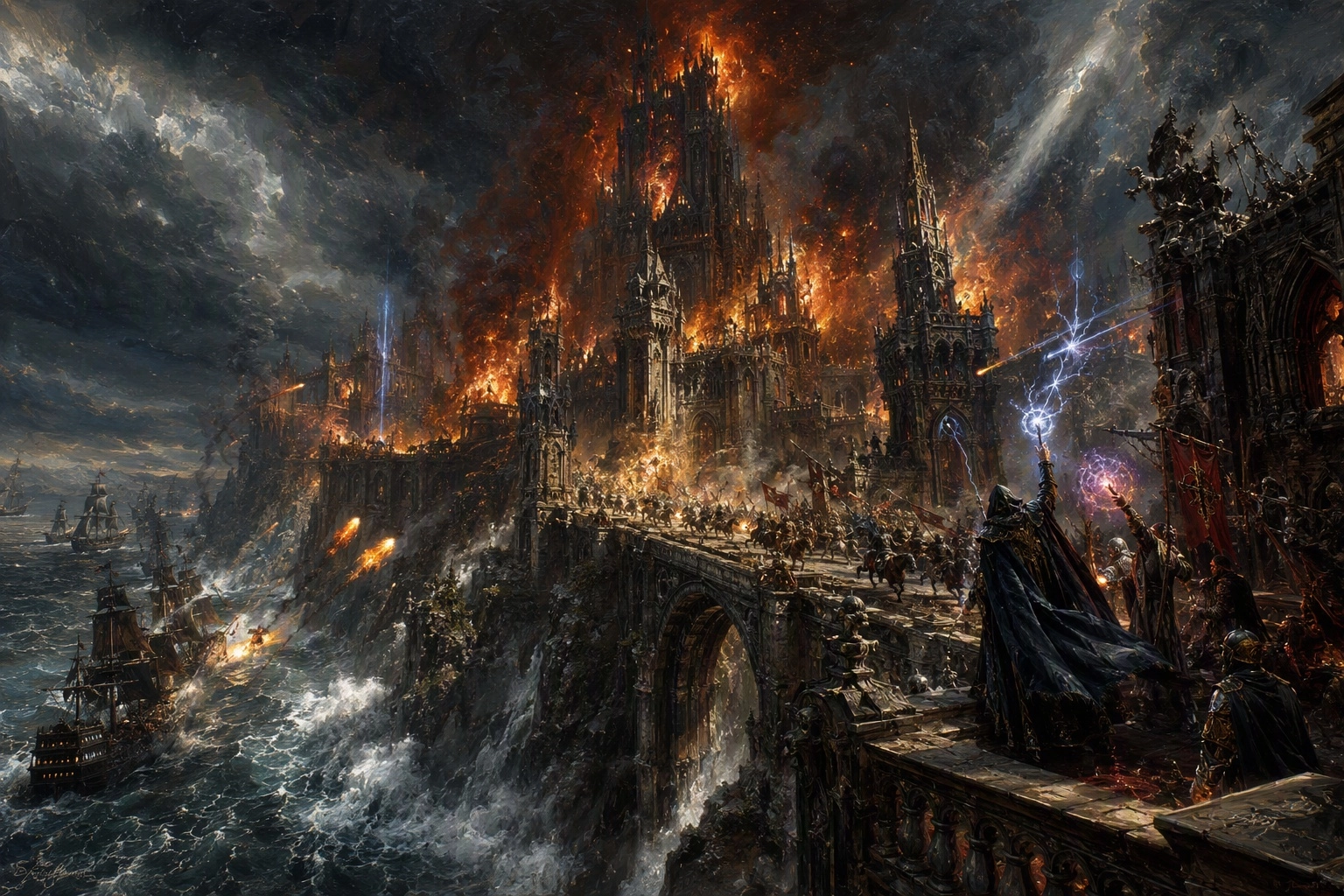 A dramatic, wide-angle oil painting in the style of Stucko with impasto technique, capturing an epic fantasy siege on a 