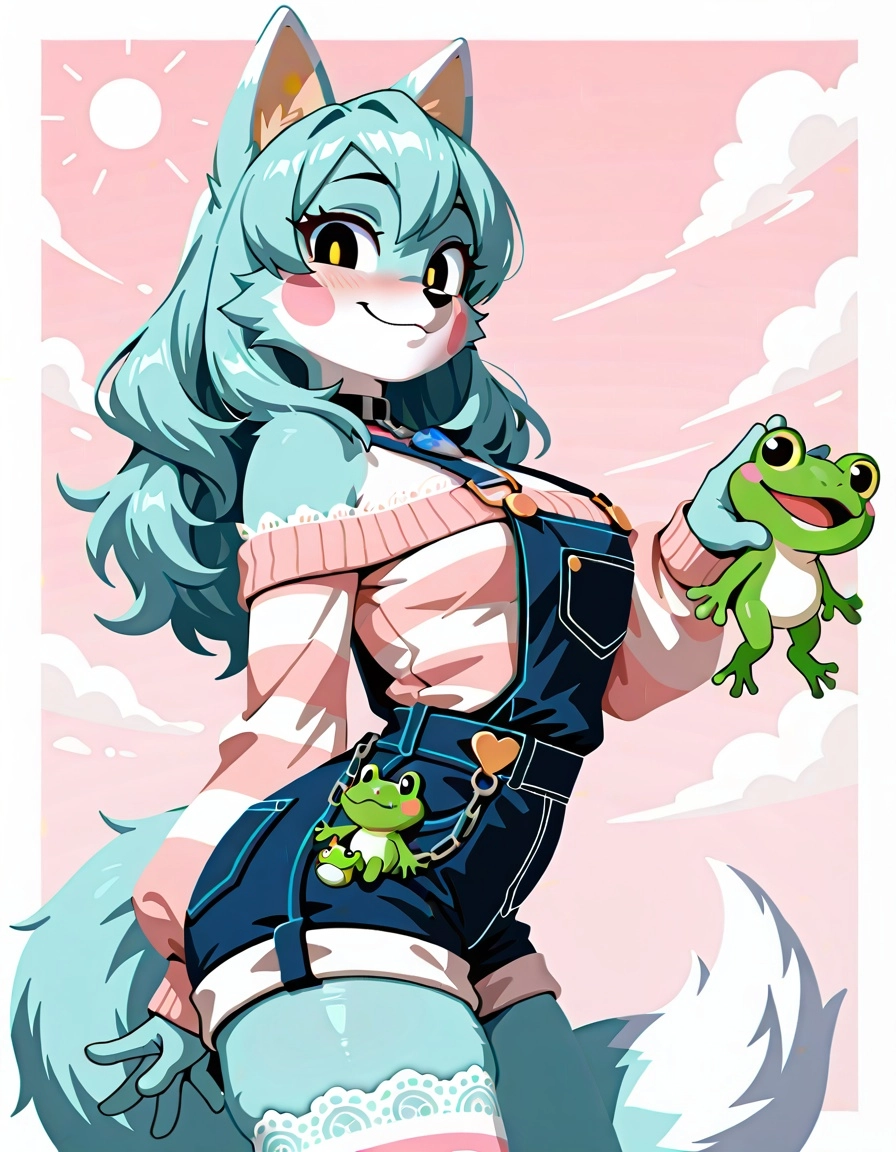 1boy, masterpiece, fox ears, sky blue fur, cute smile, blush, no lineart, side view, looking at viewer,  
(outfit: top l