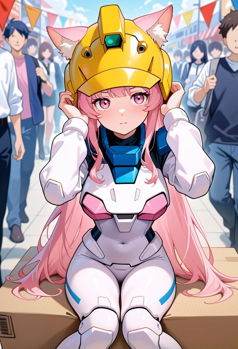 1girl, catgirl, short pink hair, pink eyes, cute expression, sitting, Gundam armor made of cardboard and tape, anime sty