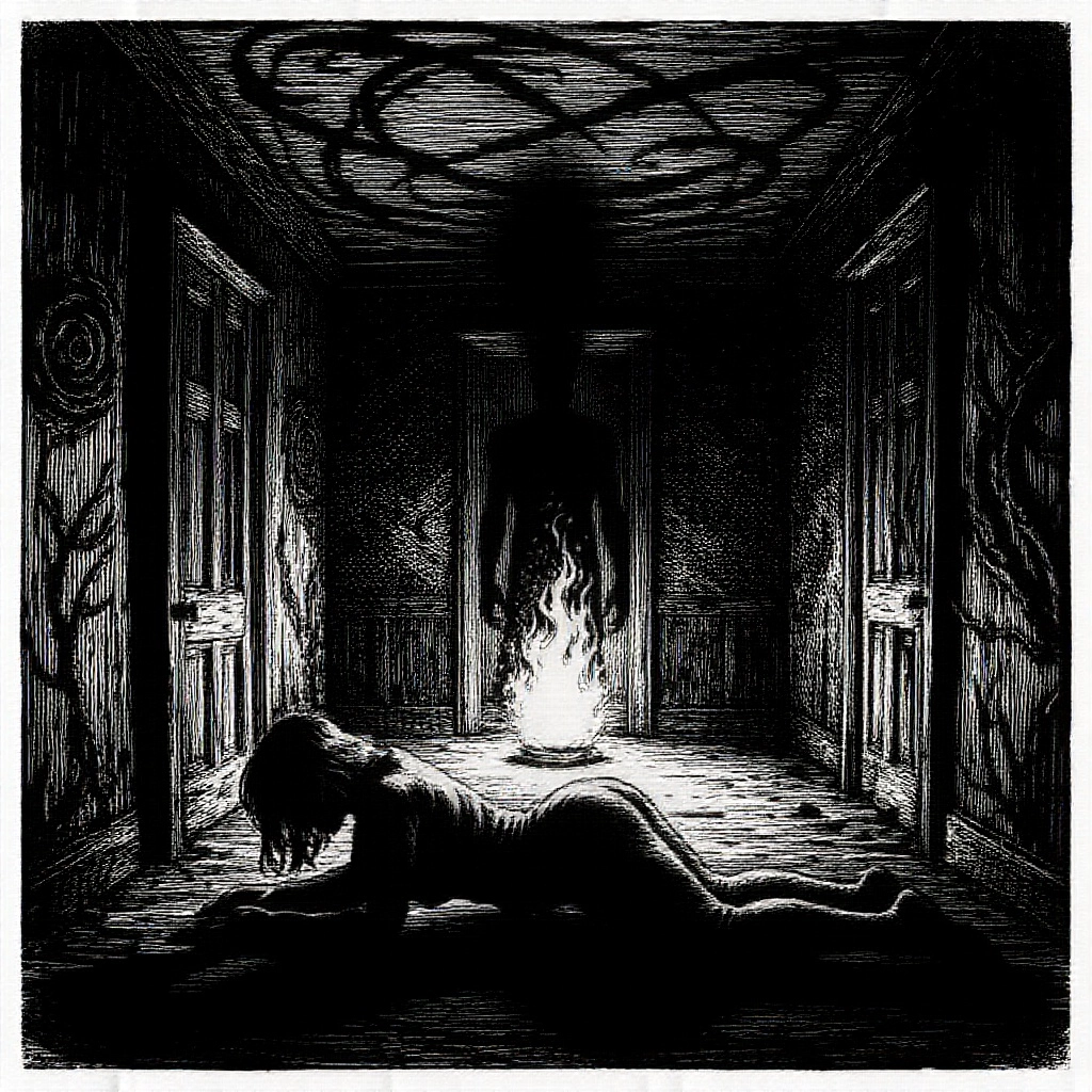 dark forest, black ink with thick crude etching lines that spiral of a demon taking hold+++++++++++++++++++++++, a Woman