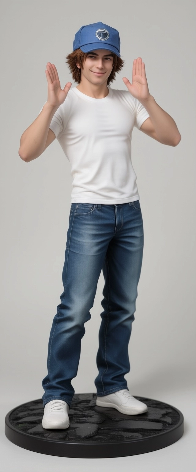 1boy,  male,  man,  adult, shaggy brown  hair, plain blue skip cap, plain white  t-shirt, blue jeans, white trainers,  a