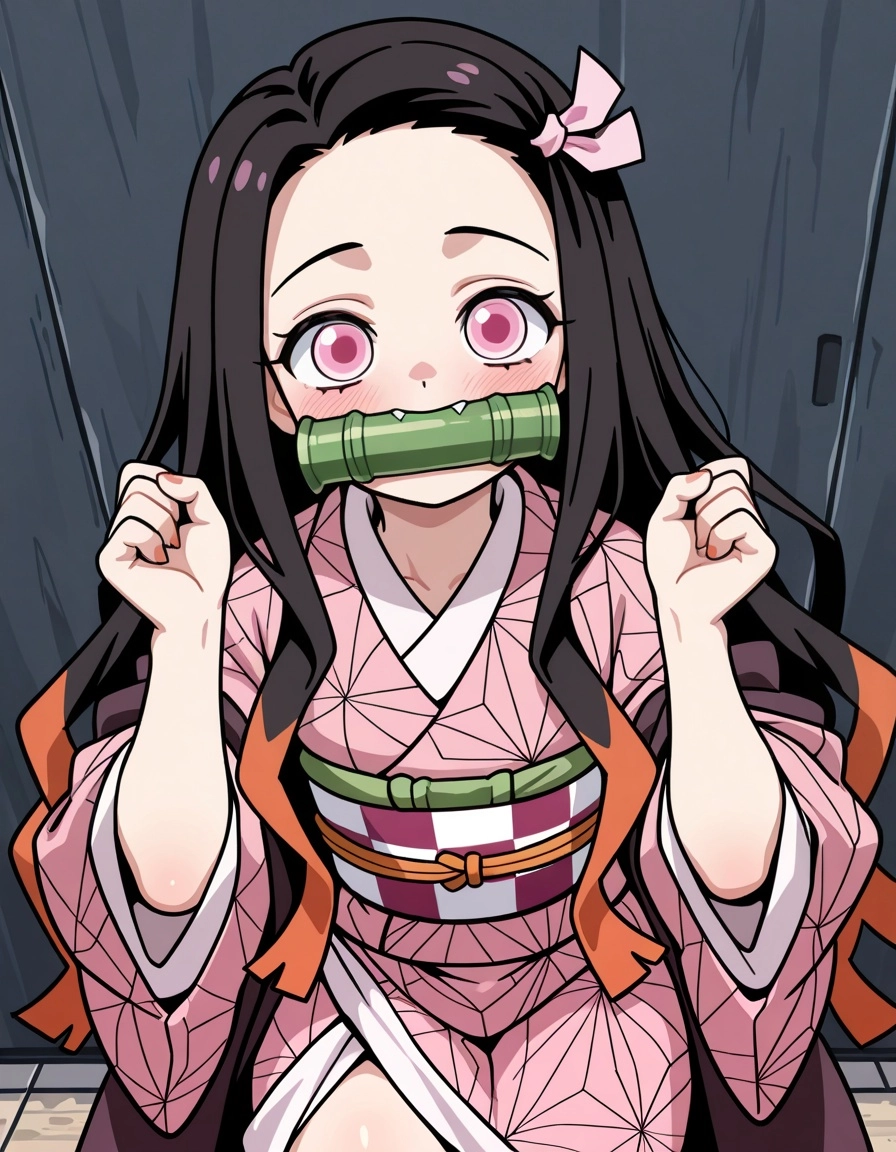 kamado nezuko, kimetsu no yaiba, demon slayer, bamboo gag, mouth gag, demon girl, black long hair, orange hair tips, dem