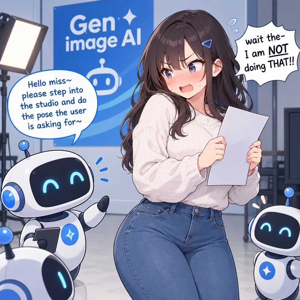 A cute curvy anime girl. in a studio. a few cute robots are talking to her. one is saying, "Hello miss~ please step into