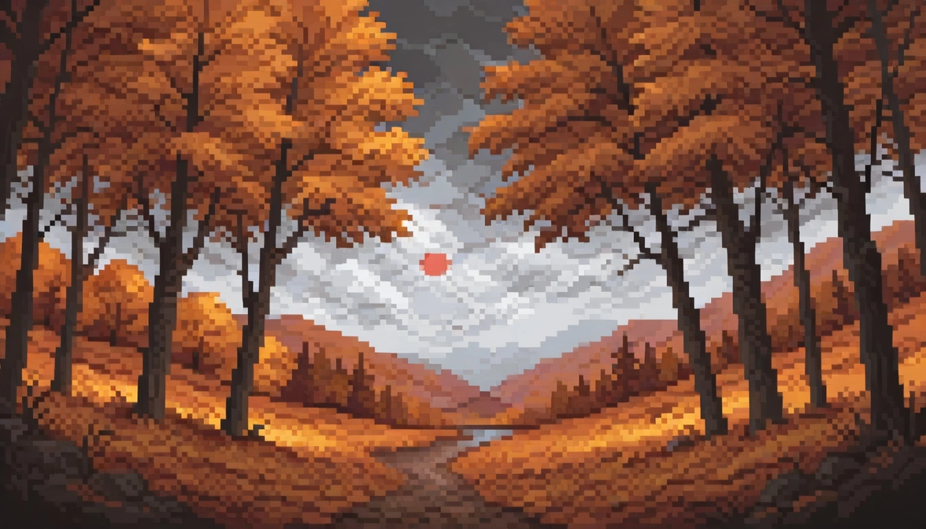 Sad scenery over autumn forest. Cloudy weather, rising sun pierces through clouds. On the plain stands lone deer and is 