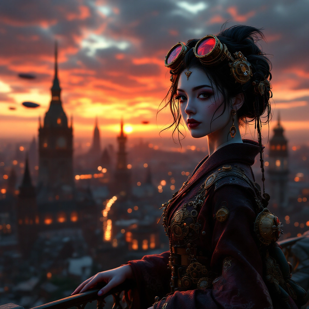 A lone geisha, adorned in intricate steampunk attire with brass goggles and clockwork accessories, stands on a rooftop o