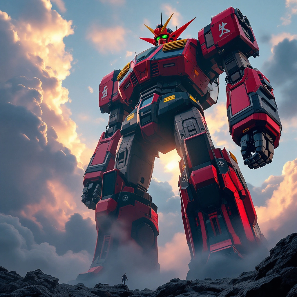 a giant robot in the style of 1970's super robots. black and red color scheme similar to Grendizer and Gurren Lagann. it