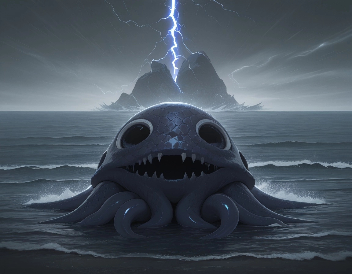 fantasy, kraken, tempest, ocean, fangs, emerging from the ocean during a storm, lightning, scales, crest along the back,