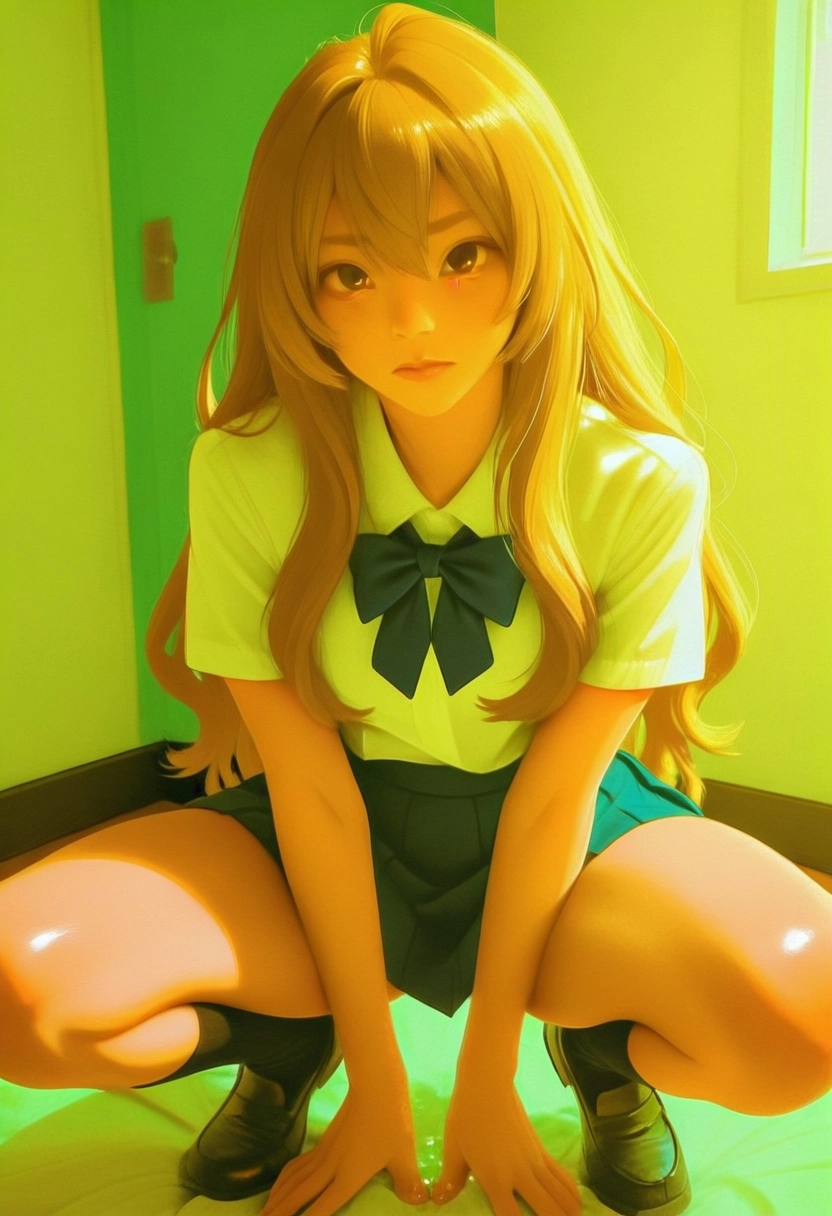 toradora artwork, taiga, fierce expression, deep crouching pose as if about to pounce, ryuji in background looking terri