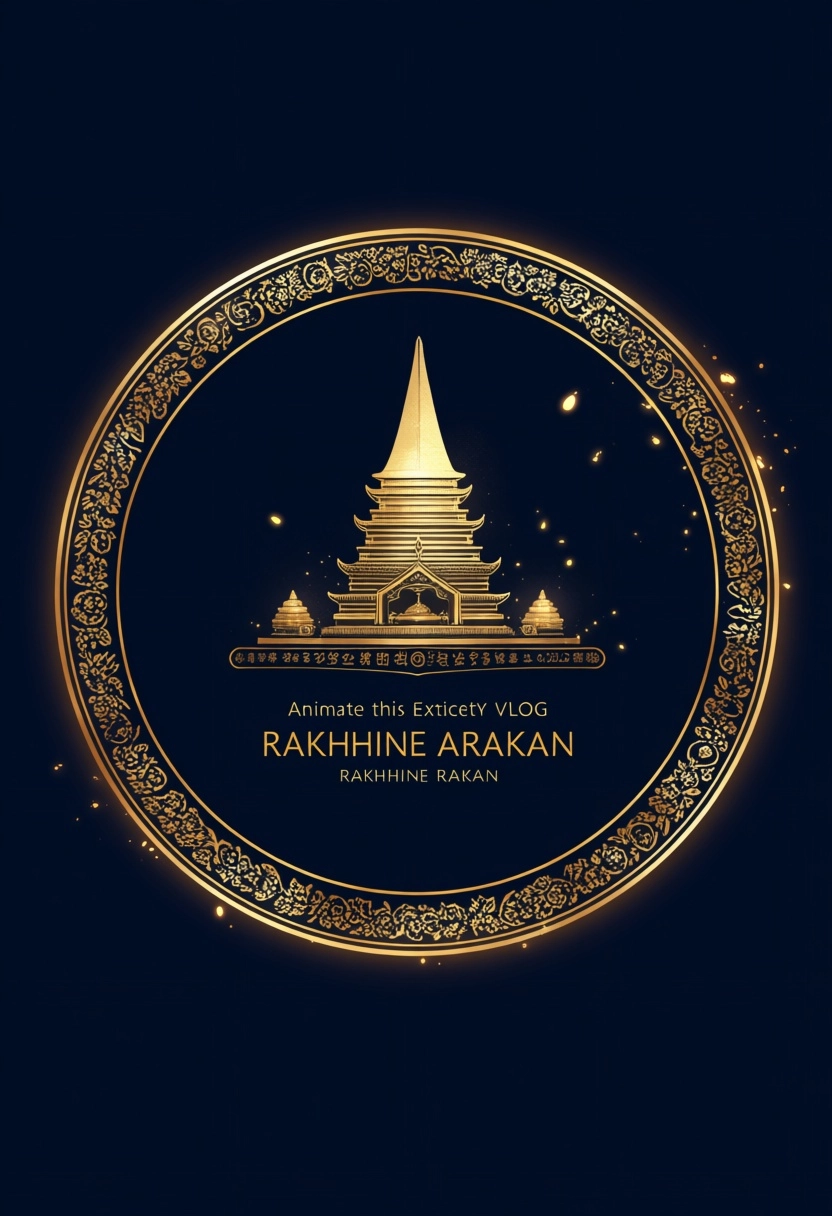 Animate this exact Thar Chay VLOG RAKHINE ARAKAN logo. Preserve the original dark navy blue circular design, golden trad