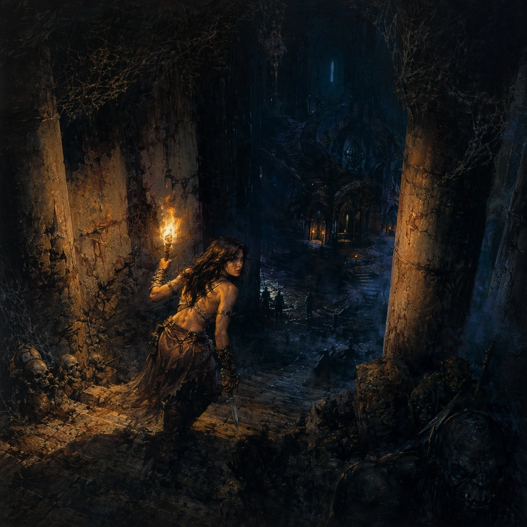 dynamic pose, Angus McBride art style (3.0), dark fantasy illustration, richly colored firelight and deep blue shadows, 