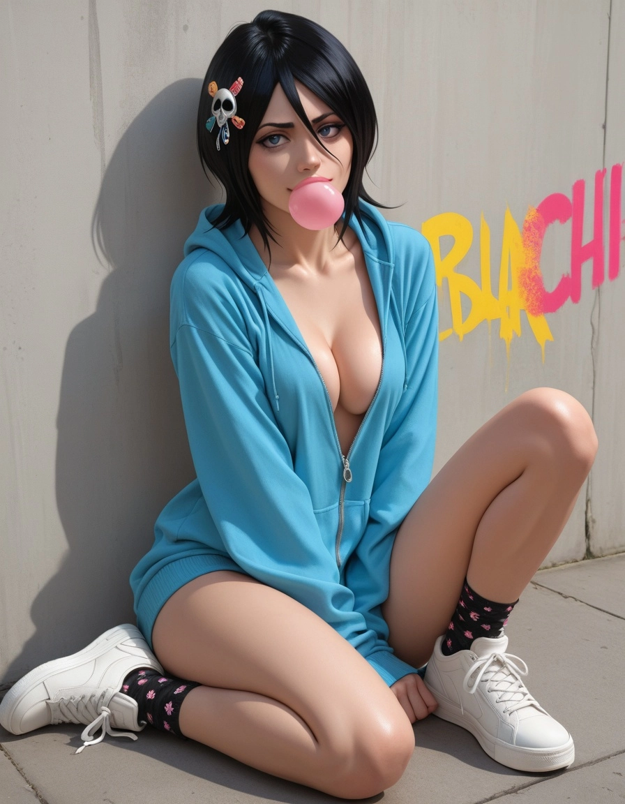 1girl solo, ((Rukia)) from Bleach, (((cute))) chibi, blue hoodie, street clothes, punk aesthetic, bubble gum, colorful h