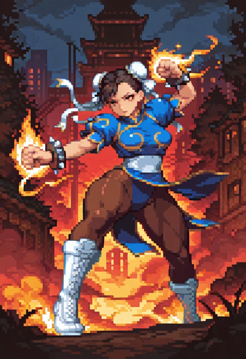 chun-li, medium breasts, fighting scene, street fighter game, dynamic pose, martial arts stance, red qipao outfit, flowi