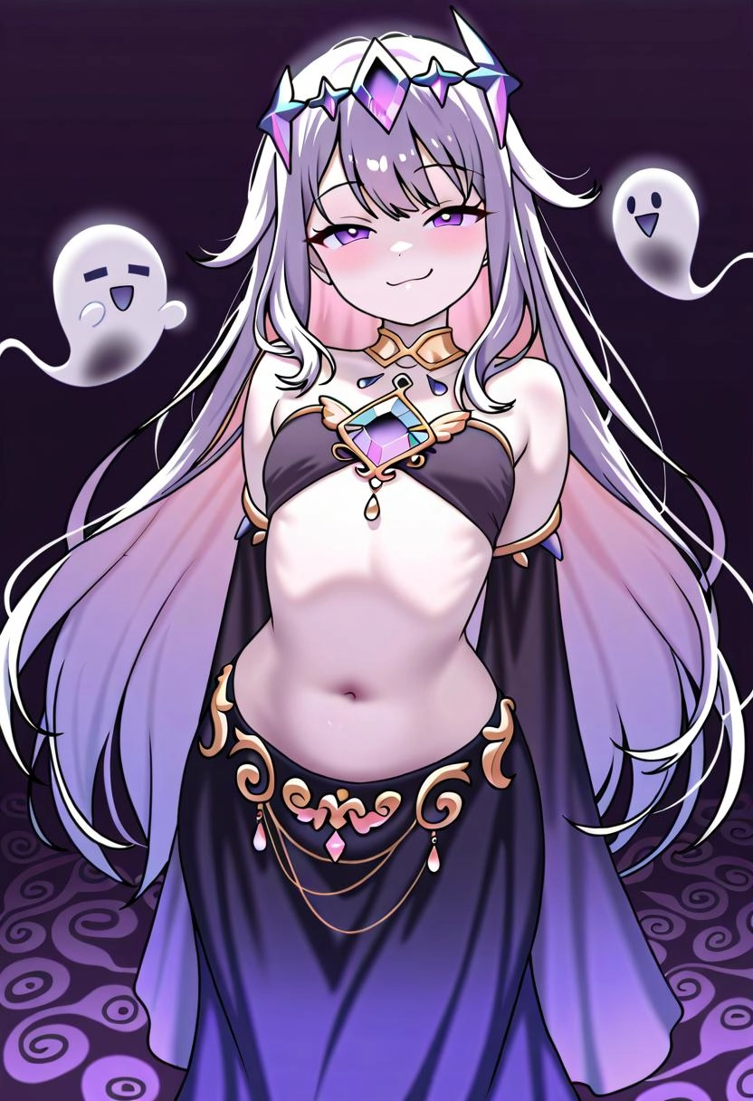 Koseki Bijou, phantom, ghost girl, purple body, belly dancer clothes, no feet, no legs, ghostly tail connected to waist,