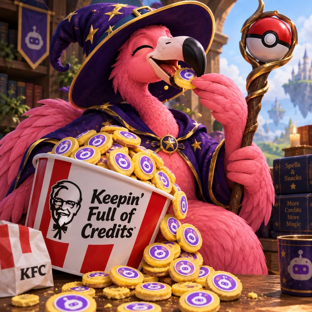 A male mage flamingo with a Pokeball staff eating out of a bucket of KFC happily. The logo on the bucket shows "Keepin' 