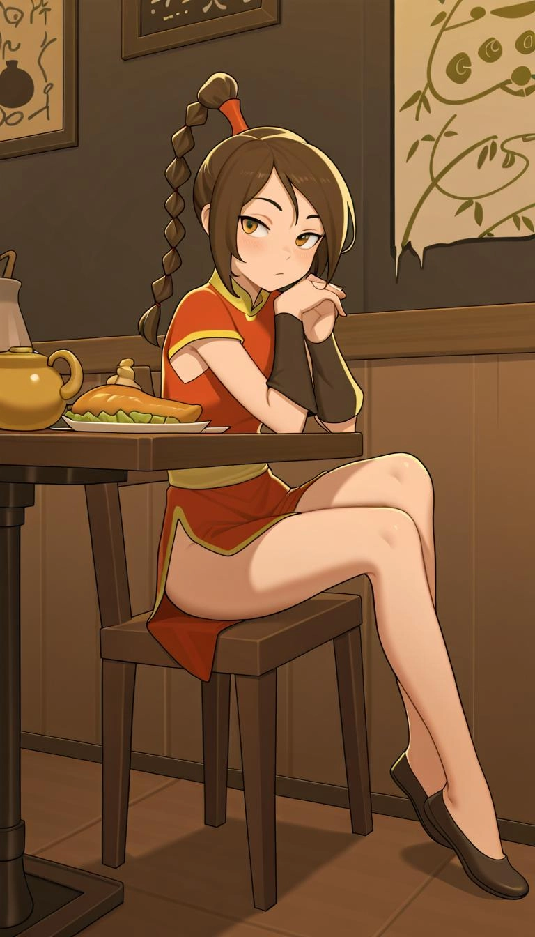 one girl,
Ty lee from avatar the last air bender,
slim body, short height,
long brown hair, one long braid, cute side fr