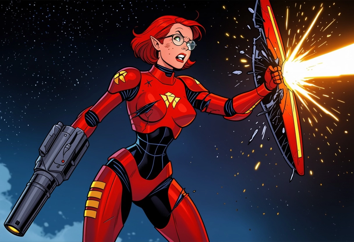 Female elf, red short hair, glasses, space ship scenario, red and gold power armor, armor torn apart, she raised her shi
