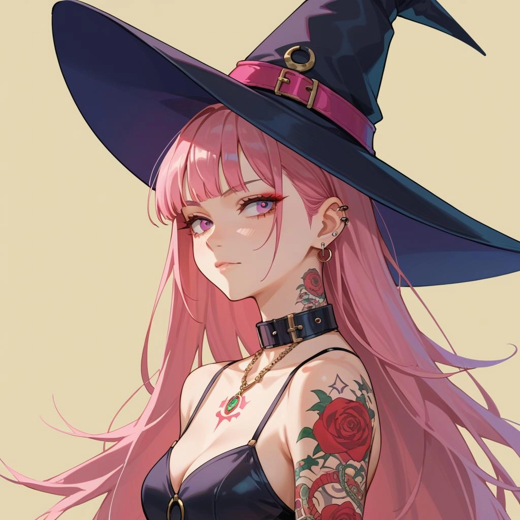 Anime witch teen with tattoos and pink hair and piercings