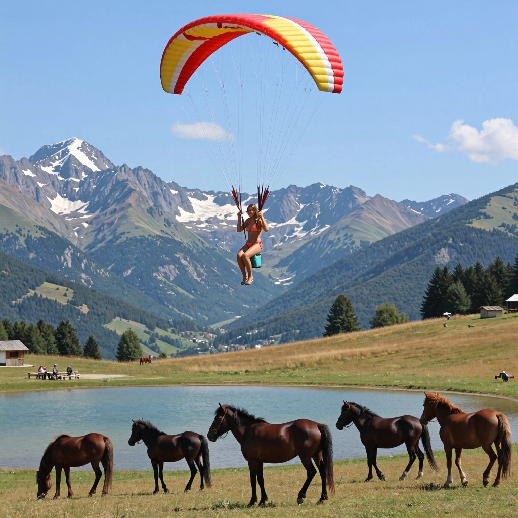 Una ragazza in bikini su lancia col parapendio da una collina. Sullo sfondo montagne maestose. In basso un lago circonda