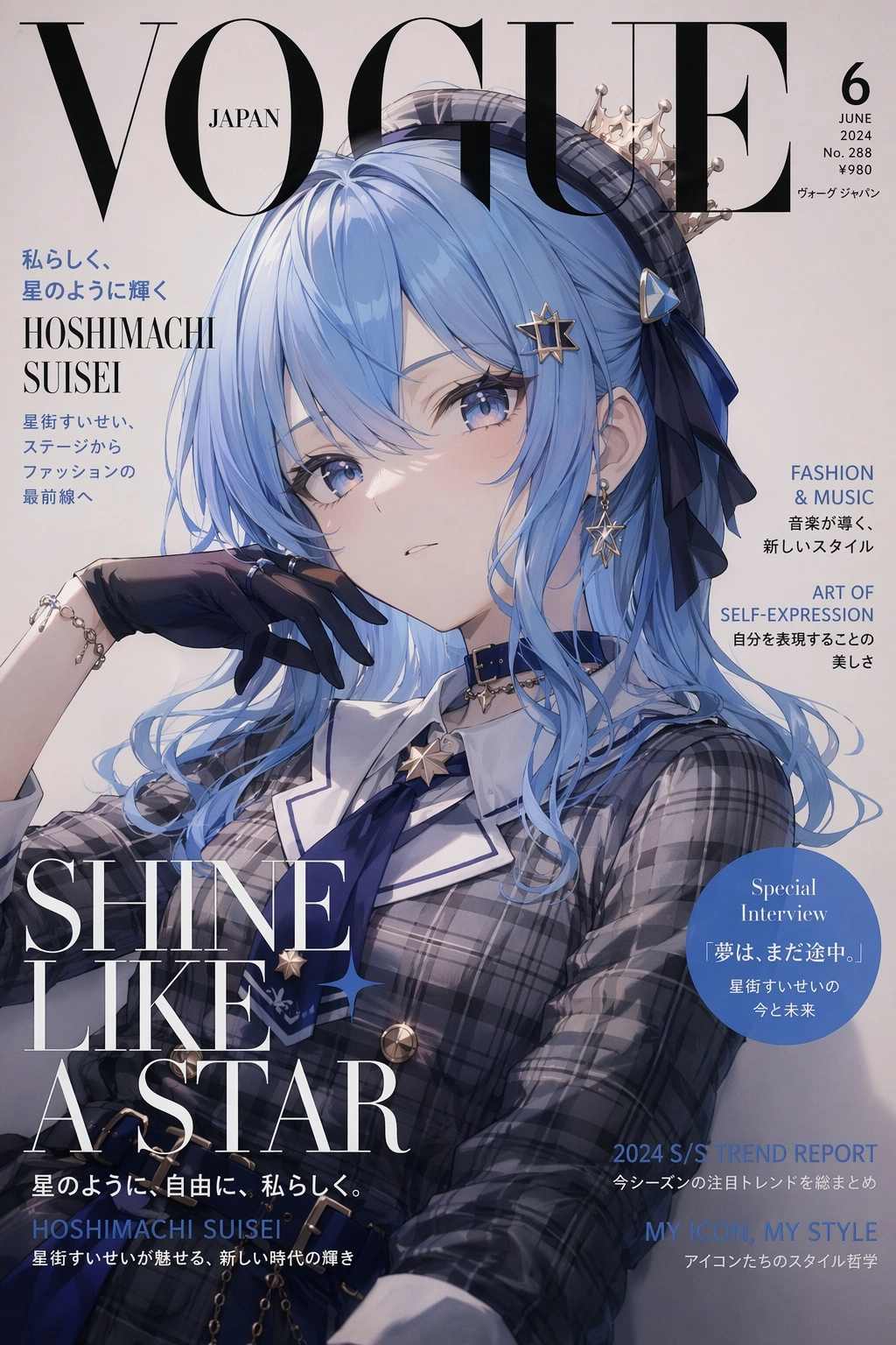 Hoshimachi Suisei from Hololive in the front page of a fashion magazine