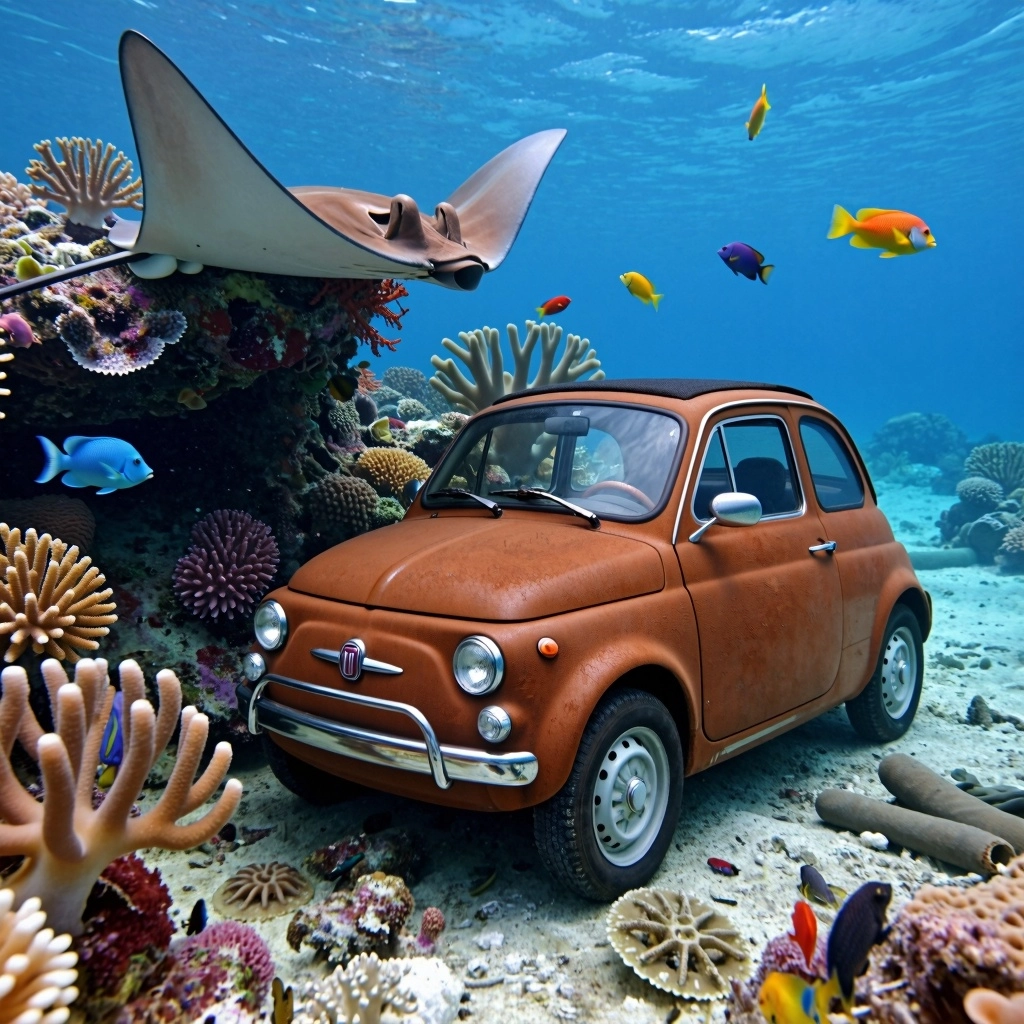 Generates a photorealistic image of an underwater environment with corals, rays, polyps, and various types of fish. A ru