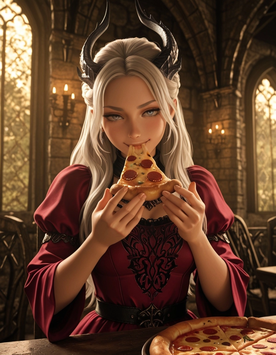 1girl, Daenerys Targaryen, long raven hair, dragon queen, eating pizza, medieval castle interior, red velvet dress, gold