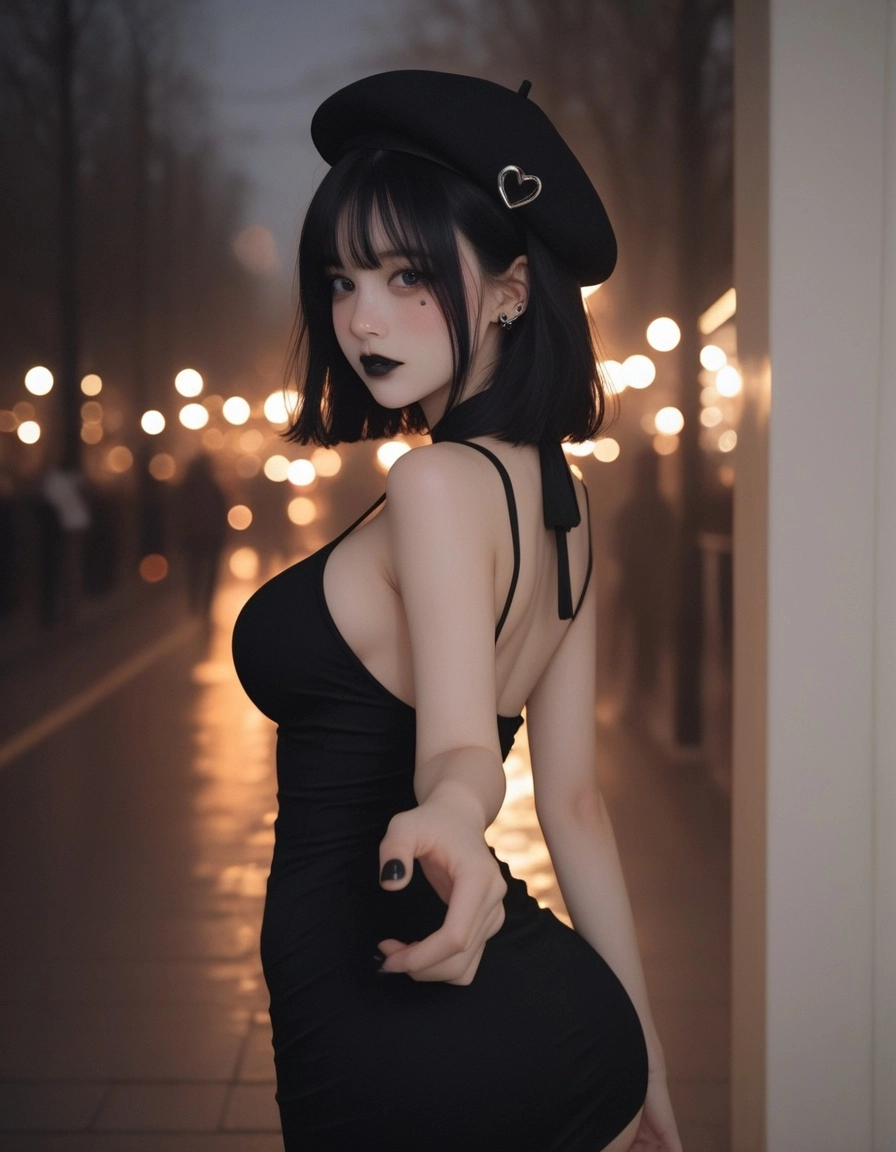 photorealistic, 1girl, young woman, black hair with bangs, black beret, clown makeup, black painted nose, black heart on