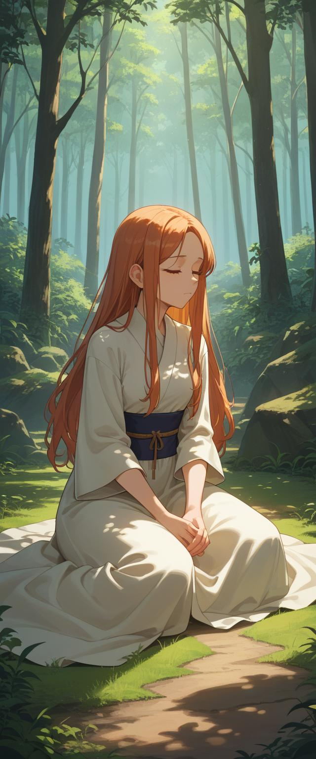 in-a-hidden-grove-a-serene-woman-with-long-flowing-hair-sits-cross-legged-on-a-m-96iywxi