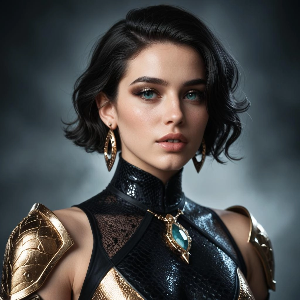 A cinematic gothic fantasy portrait of a mysterious woman standing in shadow, pale luminous skin contrasting against glo