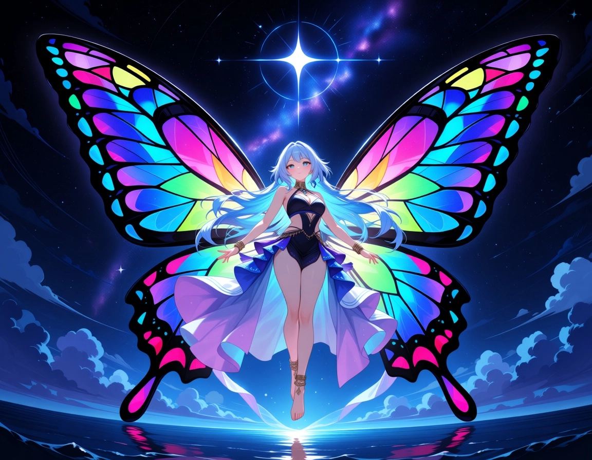 1girl, athletic, dancers build, floating in air, giant stained glass wings, butterfly wing shape, vivid blue purple gree