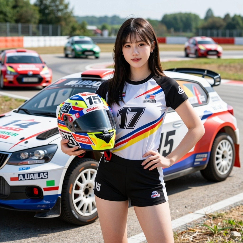 Crea un immagine fotorealistica di una bella ragazza vestita con una tuta aderente da corsa, in piedi vicino alla sua au