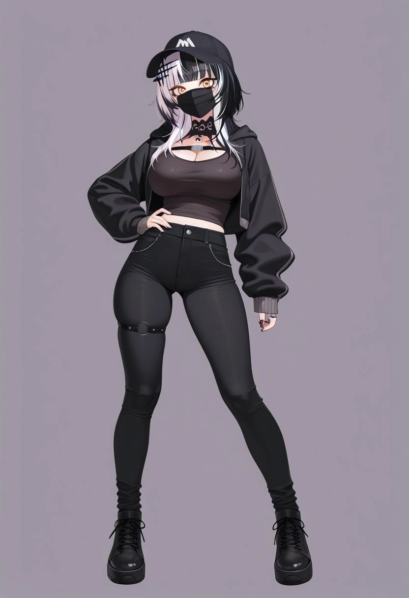 1girl, solo, shiori novella, virtual youtuber, long multicolored hair, black and white hair, two-tone hair, split-color 