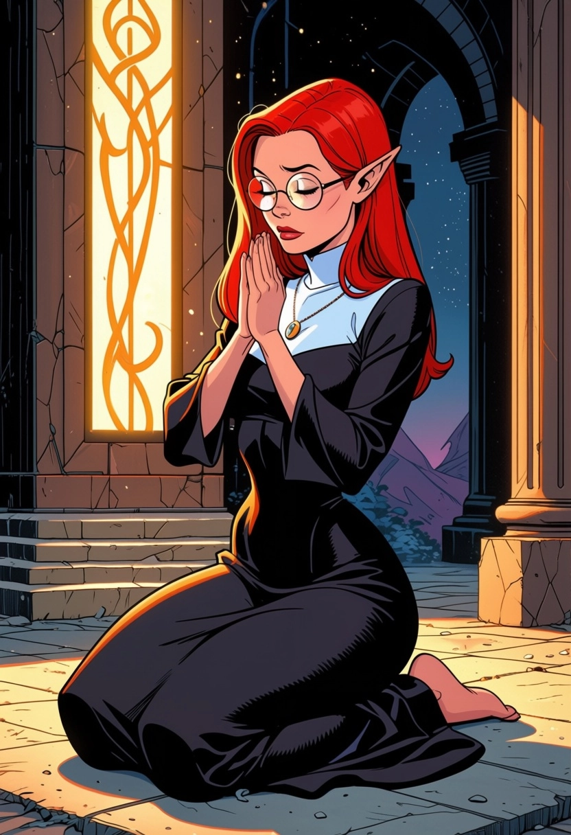 Female elf, red hair, glasses, temple, cleric dress, on her kneels, hands up, pray