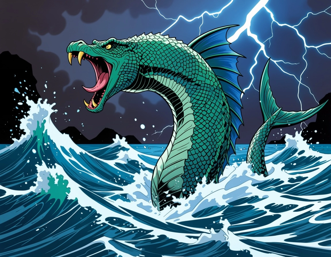 fantasy, kraken, tempest, ocean, fangs, emerging from the ocean during a storm, lightning, scales, crest along the back,