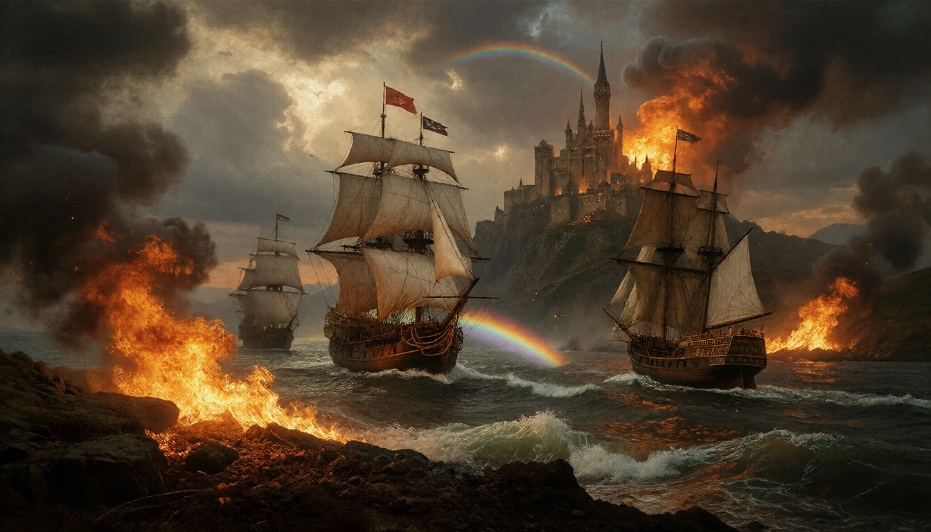 some white ships sail throu the Land and burn the Rainbows black and the soil and everithing in the Kingdom. Castle in t