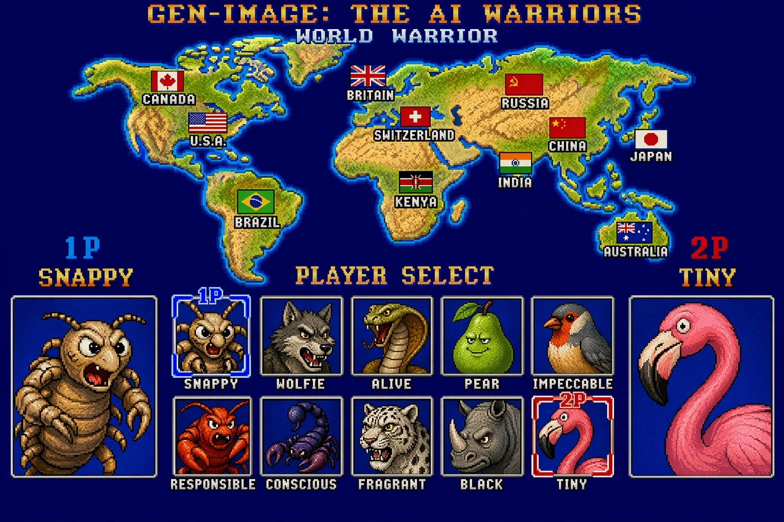 Street Fighter 2 World Warrior character select screen called Gen-Image: The AI Warriors with an accurate map of the Wor