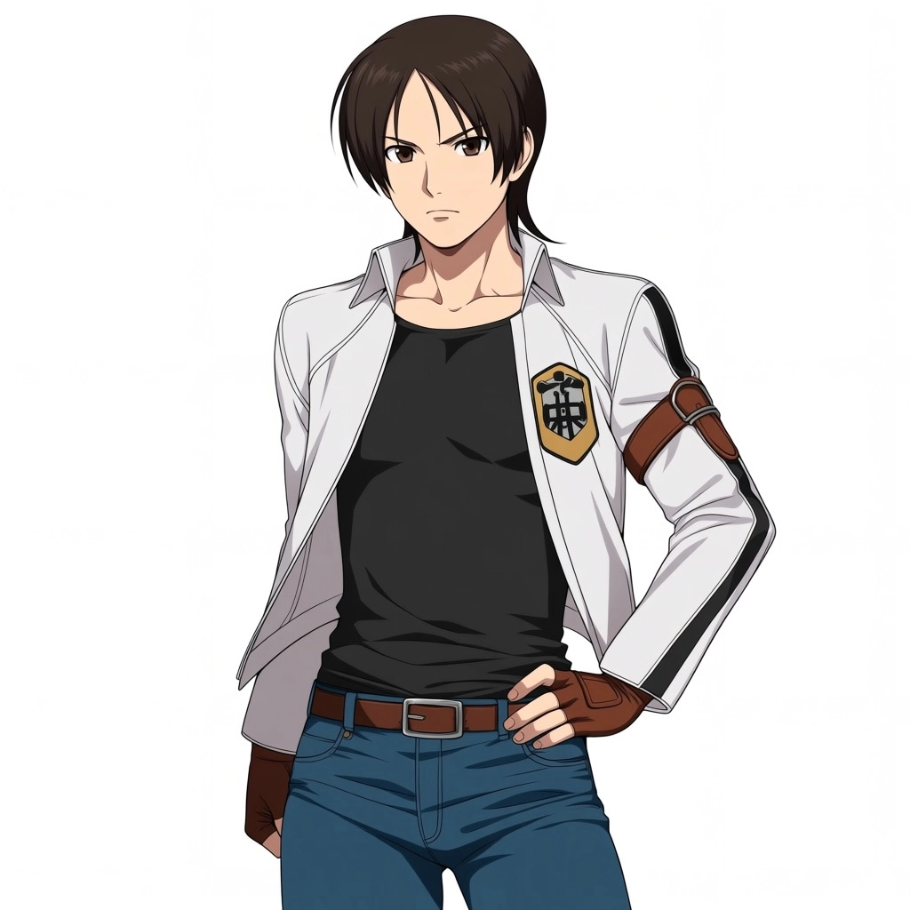 1man, kyo kusanagi, medium hair, parted hair, white jacket with long sleeve, black t-shirt, blue jeans, brown eyes, fing