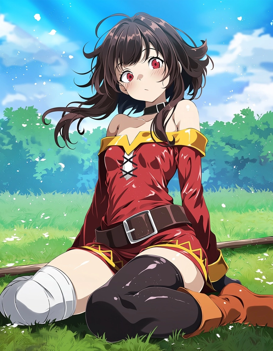 highres, absurdres, @tsukishiro saika, 1girl, solo, megumin, red eyes, brown hair, small breasts, short hair, short hair