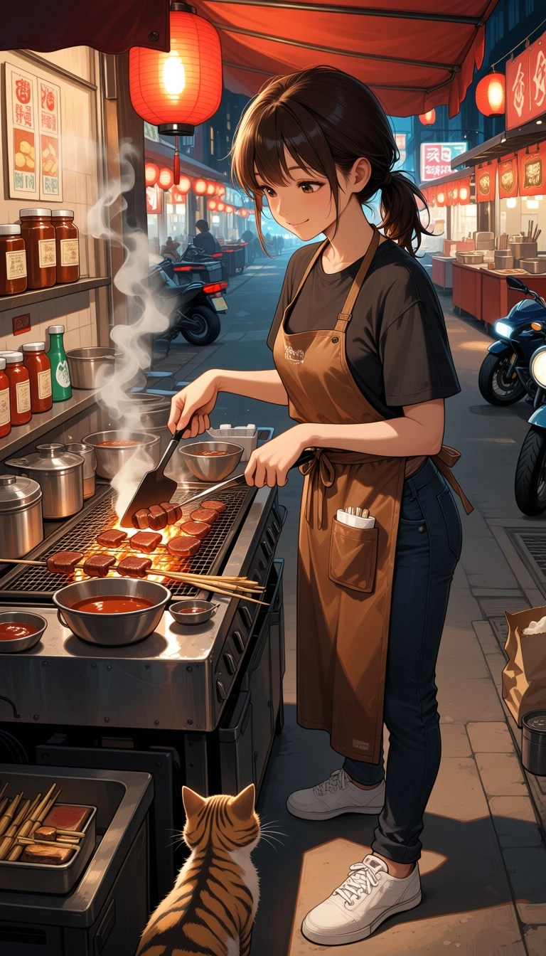 Semi-realistic digital illustration of a young female cook at a street food stall at night in a bustling market. She has